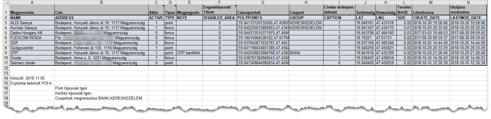 POI export Excel táblázat POI export Excel táblázat