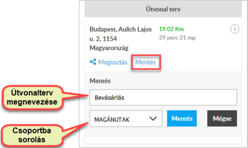 Útvonalterv mentése Útvonalterv mentése